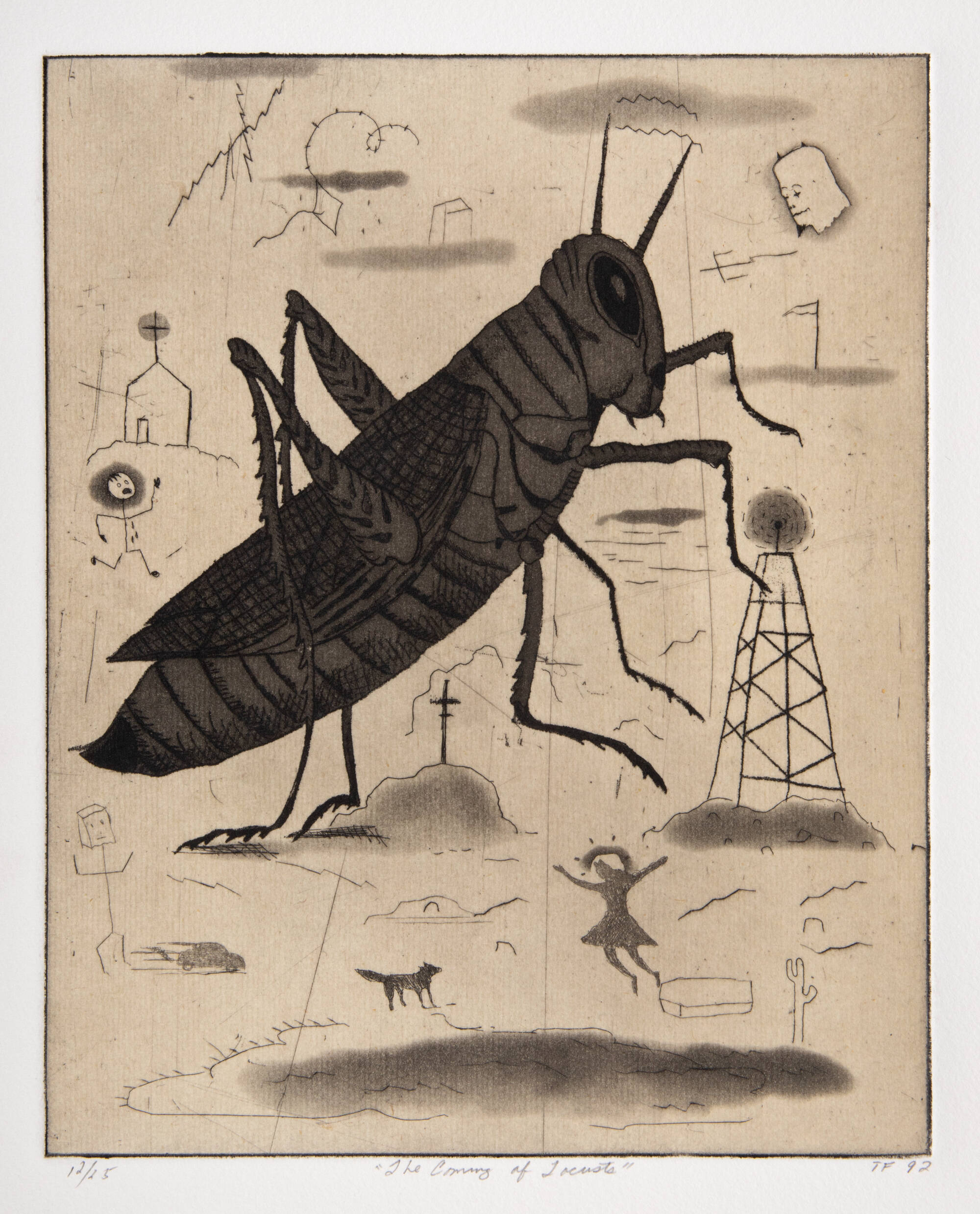 Black and white print of a large cicada with small figures in the back including stick figures, a dog, and a tower.